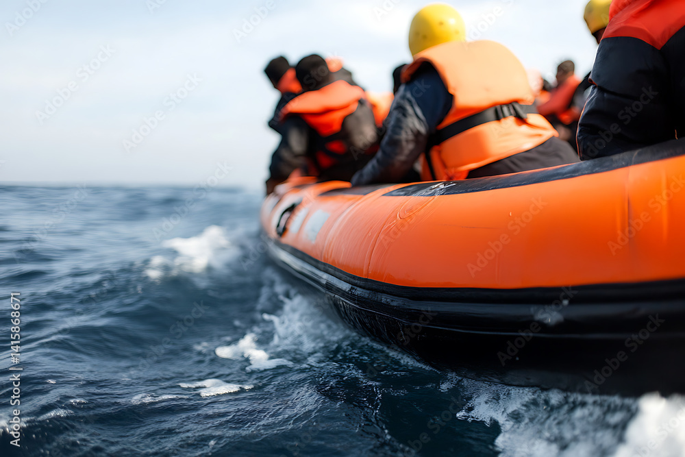 Obraz premium Boat on the Open Sea: A vibrant orange raft cuts through the waves, carrying passengers in safety gear. A dynamic scene of maritime adventure!