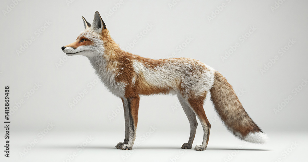 Fototapeta premium Profile view of a red fox, showcasing its vibrant fur and elegant posture against a neutral background.