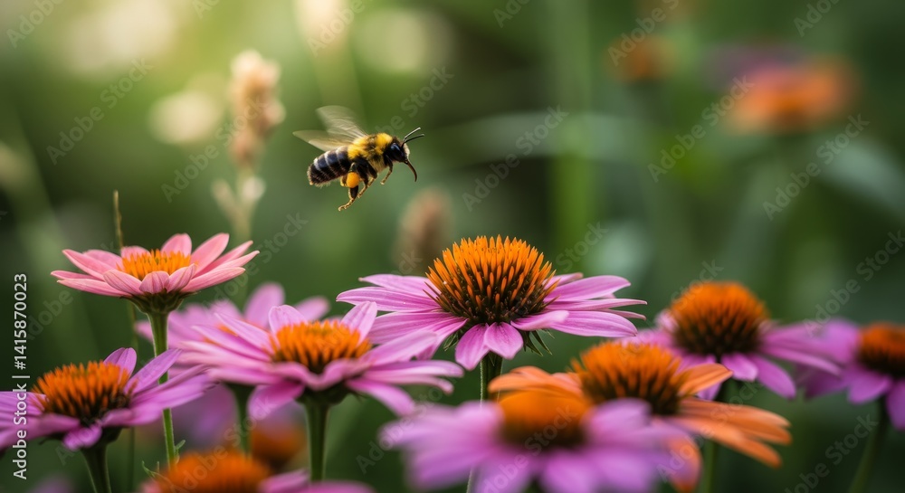 Bee in Flight Over Vibrant Flowers - A bee in mid-flight, pollinating vibrant wildflowers. Symbolizing nature, life, pollination, beauty, and harmony Bee in Flight Over Vibrant Flowers - A bee in mid-flight, pollinating vibrant wildflowers. Symbolizing nature, life, pollination, beauty, and harmony