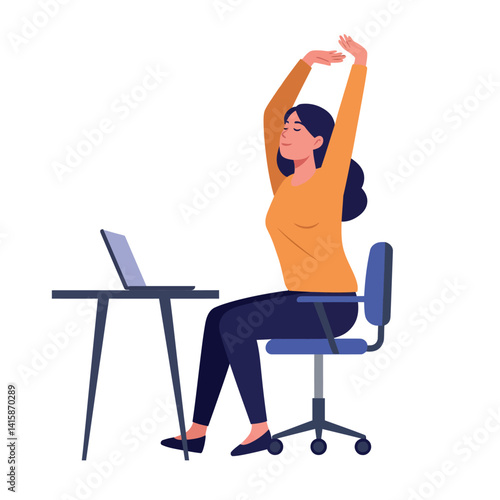 Woman in casual clothes stretching arms while sitting at desk with laptop flat style vector illustration