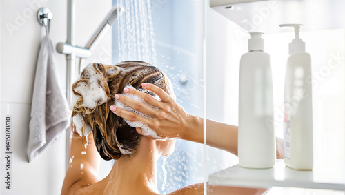Obraz na płótnie Woman washing hair with shampoo: hand creates foam in shower water stream, bathroom hygiene ritual. Hair care, refreshing self-care concept. w salonie