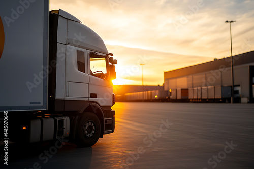 Truck at sunset: A commercial vehicle positioned at a transportation hub basks in the warm glow of a sunset, awaiting the start of a new journey.