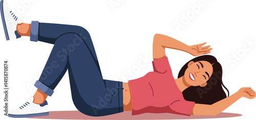 Young woman lying on floor with casual clothing smiling and relaxed minimal flat vector illustration
