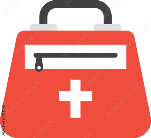 Red first aid kit with white cross and black handle in flat minimal design vector illustration