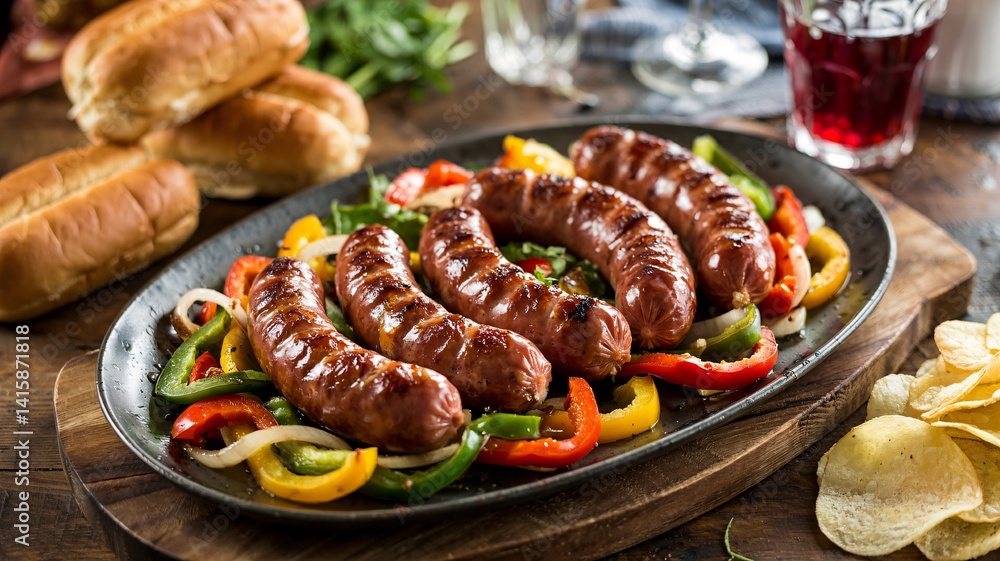 Grilled Bratwurst Sausages with Peppers and Onions, Grilled Smoky Sausages,Delicious BBQ Meal Grilled Bratwurst Sausages with Peppers and Onions, Grilled Smoky Sausages,Delicious BBQ Meal