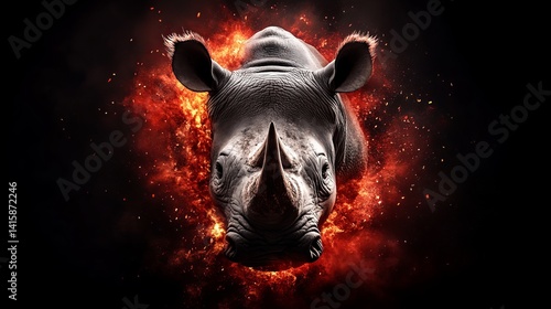 Rhino faces forward, surrounded by bright red and orange fire against a solid black background, emphasizing the intensity.