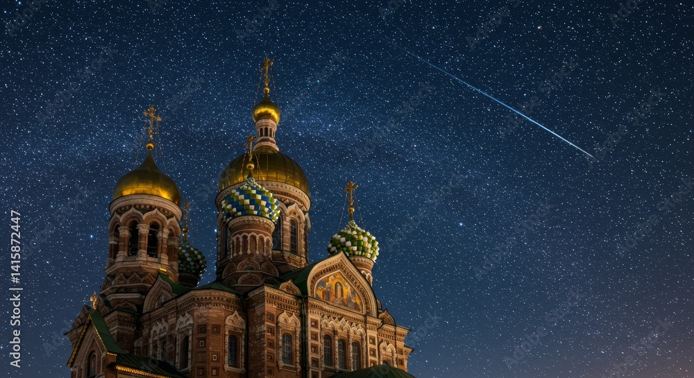 Obraz premium Church Under Starry Night - Majestic church with golden domes under a breathtaking night sky filled with stars and a shooting star