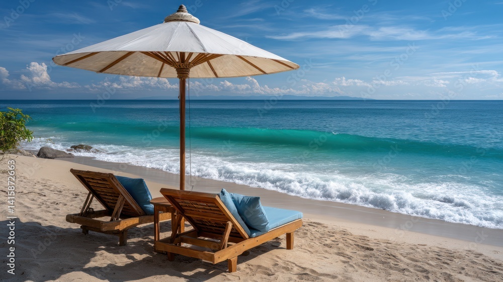 Beach scene with sun umbrella and lounge chairs Beach scene with sun umbrella and lounge chairs