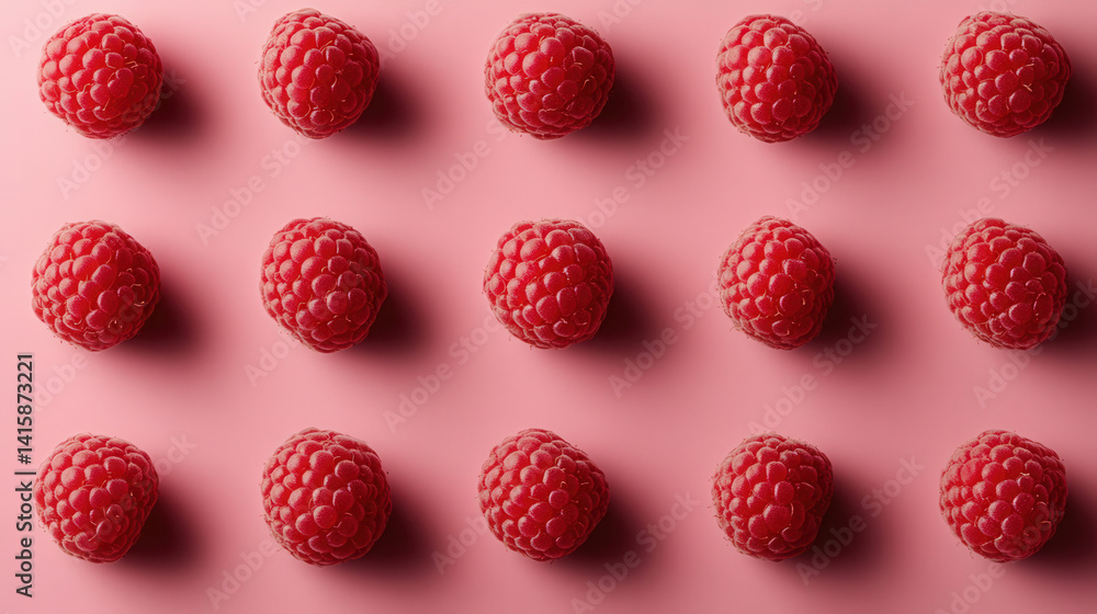 Fresh raspberries arranged in an artistic pattern on a pastel pink background with modern lighting Fresh raspberries arranged in an artistic pattern on a pastel pink background with modern lighting