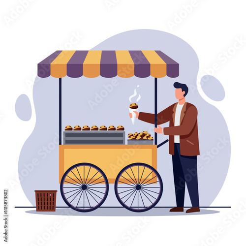 Man buying fresh bread from street food cart with striped canopy minimal flat style vector illustration