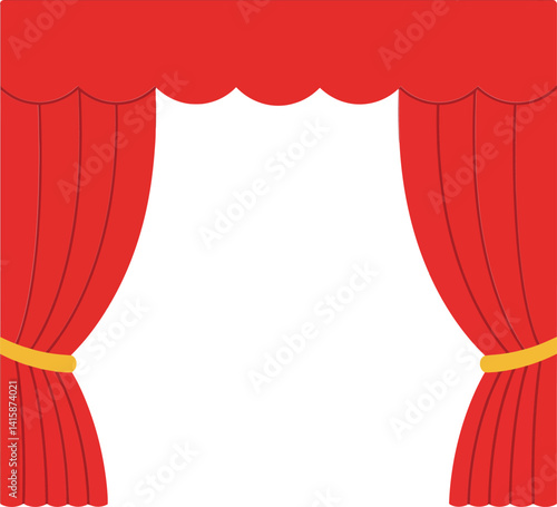 Red theater curtains with golden tiebacks in flat design style framing empty space for performance vector illustration