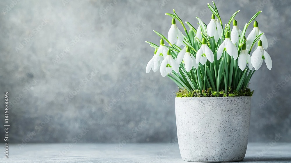 A potted plant with snowdrops on a table against a gray wall background A potted plant with snowdrops on a table against a gray wall background