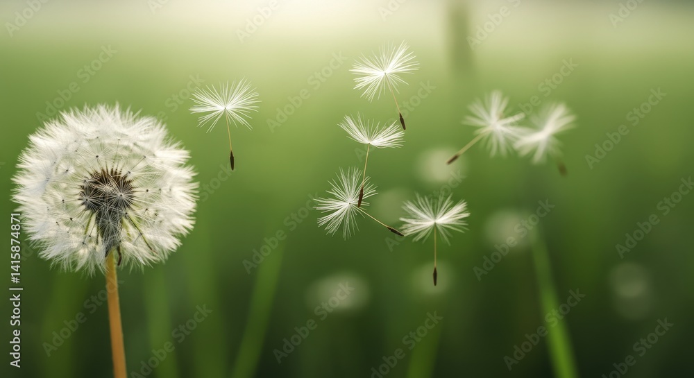 Fototapeta premium Dandelion Wishes on a Summer Breeze - A single dandelion stands tall, its seeds gently carried away on a summer breeze, creating a peaceful and serene scene