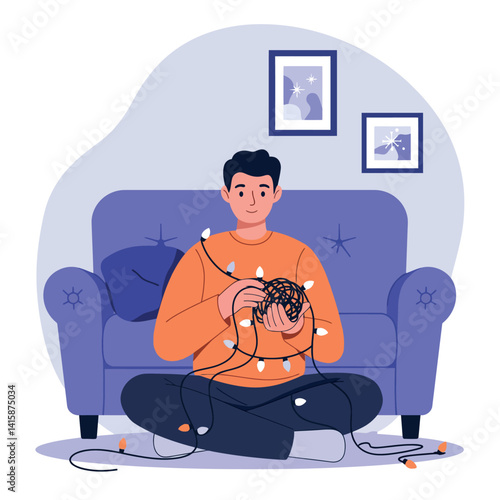 Young man sitting cross-legged untangling string lights on floor in cozy living room flat vector illustration