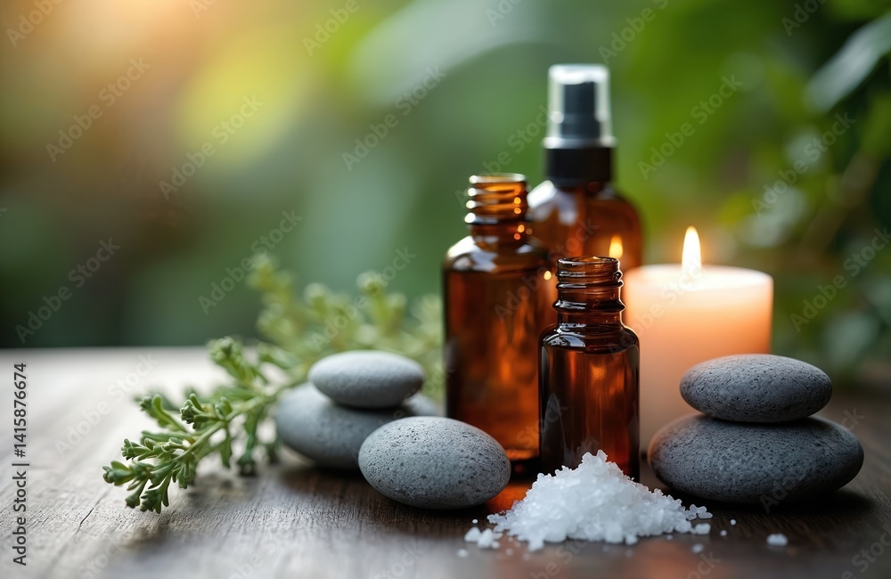 Spa beauty treatment items essential oils, massage stones, sea salt, candle, green plant on wooden table. Aromatherapy, wellness, relaxation, therapy, natural, well-being, health. Soft light Spa beauty treatment items essential oils, massage stones, sea salt, candle, green plant on wooden table. Aromatherapy, wellness, relaxation, therapy, natural, well-being, health. Soft light