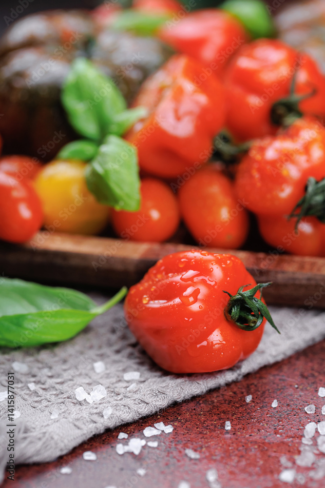 Ripe tomato with sea salt and basil on a textured kitchen towel and red countertop, promoting healthy organic eating Ripe tomato with sea salt and basil on a textured kitchen towel and red countertop, promoting healthy organic eating
