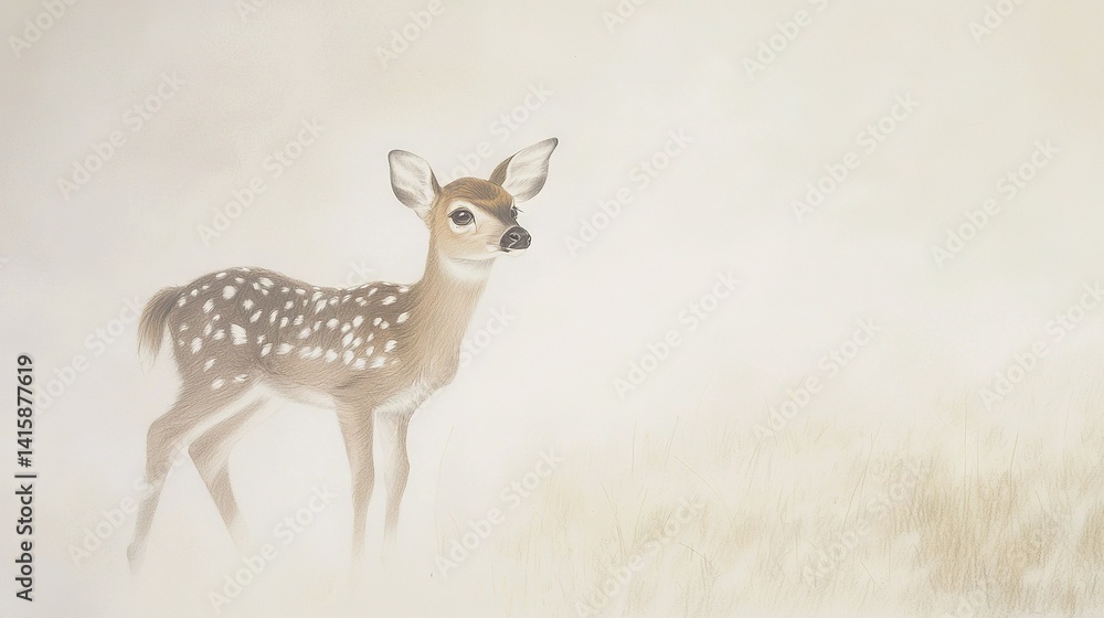 A fawn stands in a field of tall grass, facing a foggy sky with grass blowing in the foreground A fawn stands in a field of tall grass, facing a foggy sky with grass blowing in the foreground