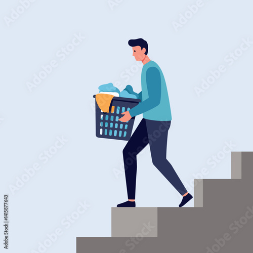 Young man carrying laundry basket descending stairs in minimal flat style vector illustration