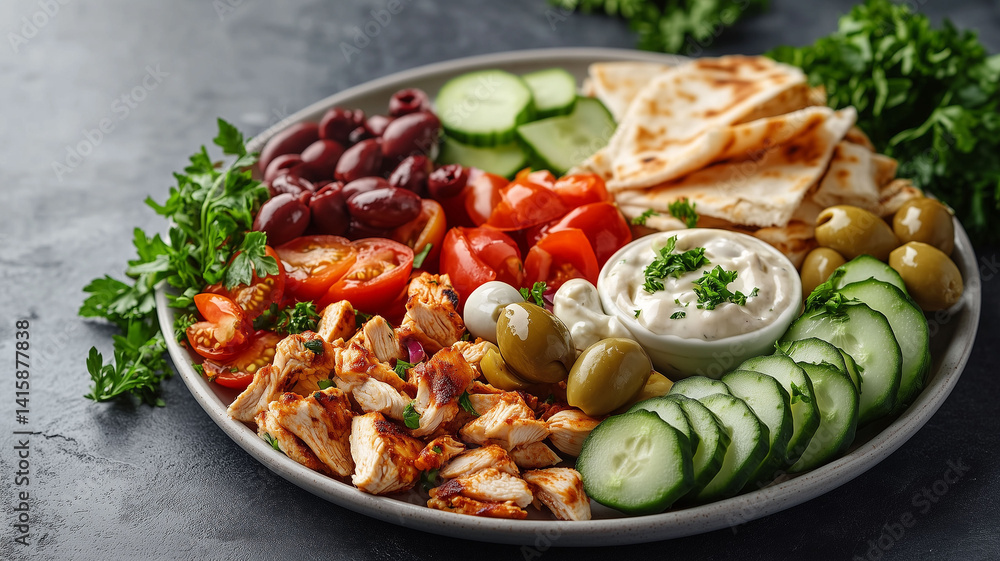 A Vibrant Mediterranean Feast with Chicken Doner, Fresh Vegetables, Olives, and Soft Pita Bread (1) A Vibrant Mediterranean Feast with Chicken Doner, Fresh Vegetables, Olives, and Soft Pita Bread (1)