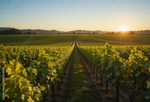 Lush green vineyard at golden hour with endless grapevine rows under clear skies and warm sunlight Generative AI