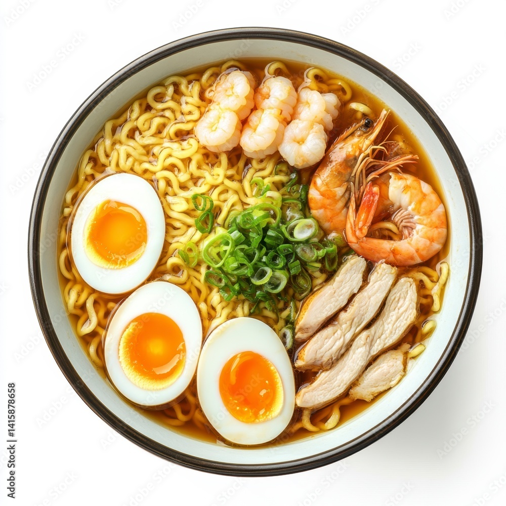 Delicious Ramen Bowl: Noodles, Shrimp, Eggs, and Chicken in a Savory Broth Delicious Ramen Bowl: Noodles, Shrimp, Eggs, and Chicken in a Savory Broth