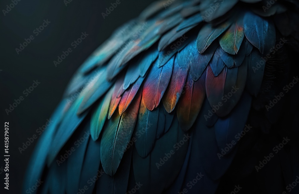 Obraz premium Abstract dark feather plumage with rainbow highlights. Close-up details of colorful wing. Natural animal, bird, avian theme with rich texture, fluffy softness, contrasts against dark background.