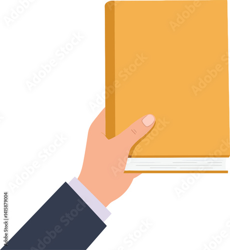 Hand holding closed orange book with business suit sleeve in flat style vector illustration