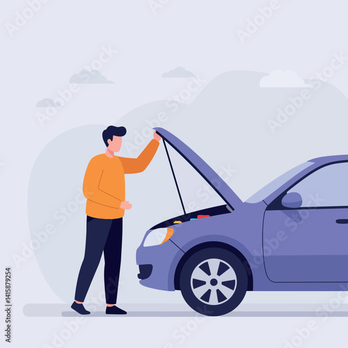 Man in orange sweater inspecting open hood of purple car in flat minimal vector illustration
