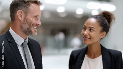 Professional interaction between caucasian male and african female adults in business setting