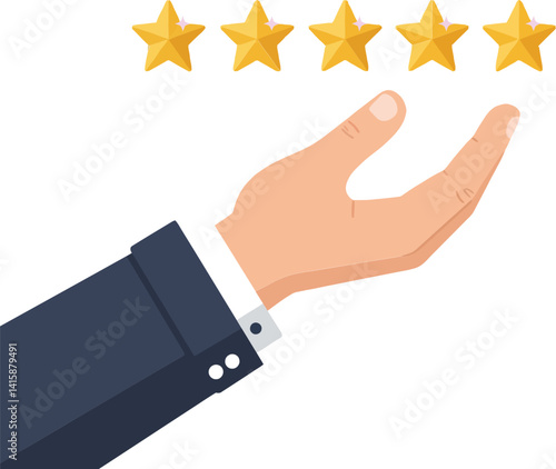 Businessman hand presenting five golden stars floating above in flat minimal style vector illustration