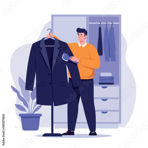 Man steaming dark suit jacket in modern room with wardrobe flat minimal vector illustration