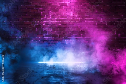 Abstract background with a brick wall and neon lights, empty space for product presentation, smoke