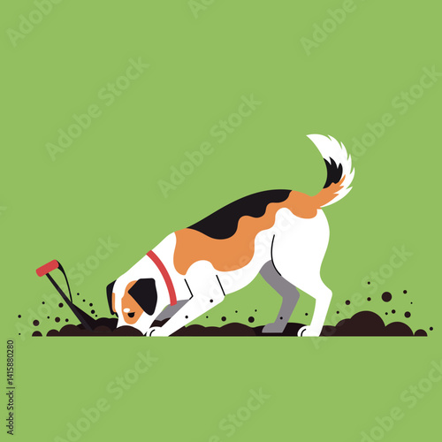Tricolor dog digging in soil with focused posture flat design on green background vector art