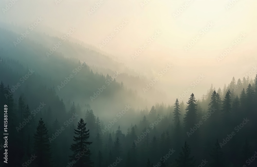 Obraz premium Mystical forest at dawn covered in fog. Silhouette of green trees. Mountain landscape scenery at sunrise. Nature travel background. Perfect for atmospheric design, adventure, hiking.