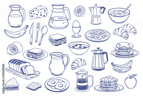 Breakfast icons set. Milk jug coffee pot cup juice sandwiches fried eggs pancakes toast with jam croissant cheese and cereal with milk for market product design. Hand drawn sketch illustration.
