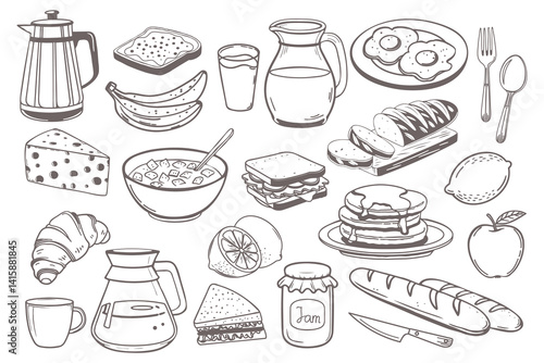 Breakfast icons set. Milk jug coffee pot cup juice sandwiches fried eggs pancakes toast with jam croissant cheese and cereal with milk for market product design. Hand drawn sketch illustration.