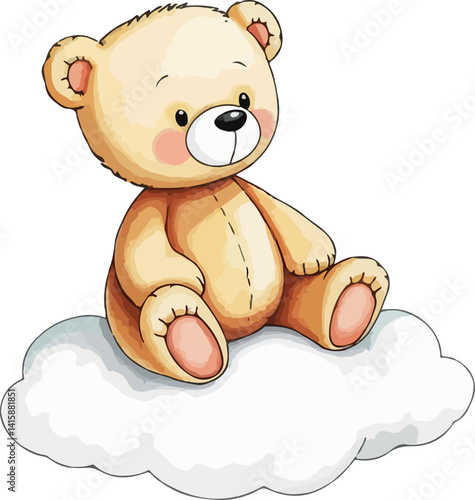 Cute teddy bear sitting on the cloud watercolor vector illustration.