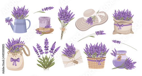 Lavender collection. Set of items with lavender flowers. Blooming compositions and decorations with bouquets of lavender flowers.