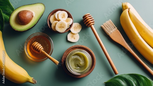 Natural ingredients for homemade hair mask with avocado, banana, and honey