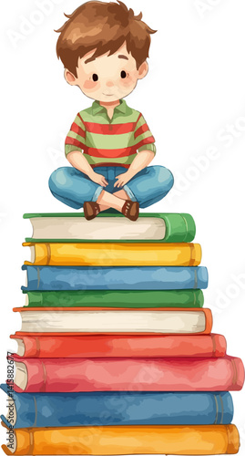 Boy sitting in a stack of books watercolor vector illustration.
