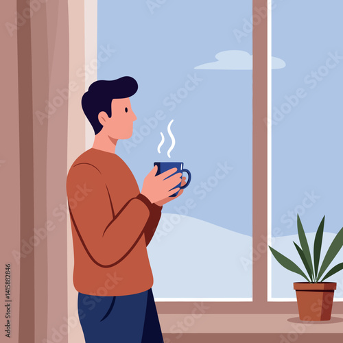 Young man holding steaming cup by window in cozy interior flat design vector illustration