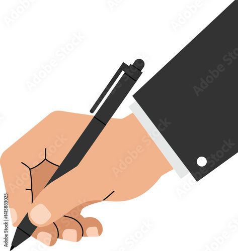 Human hand holding black pen in formal suit sleeve flat design isolated on white background vector illustration