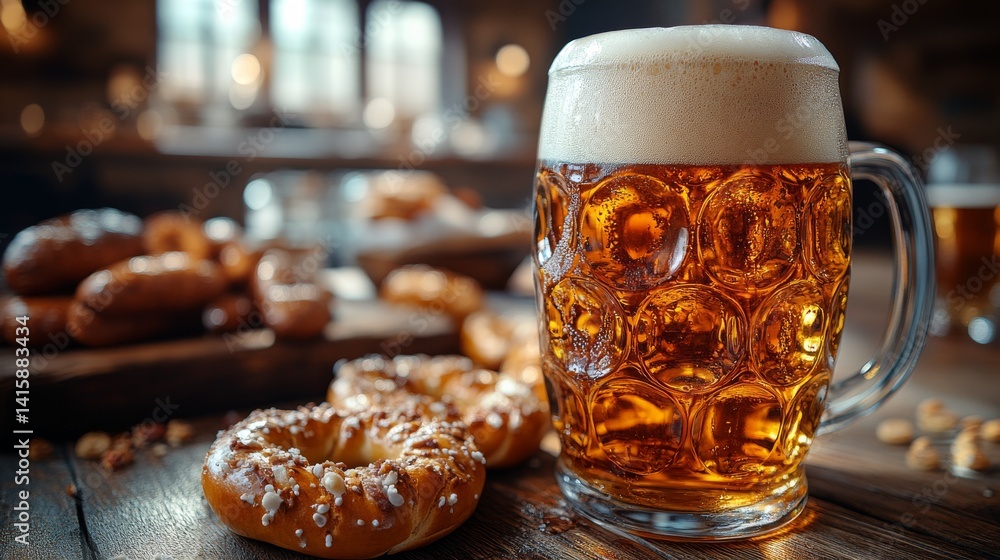 Indulge in the Ultimate Pairing of Chilled Beer, Warm Pretzels, and Savory Sausages in a Rustic Studio Setting, Creating a Feast for the Senses With Inviting Light and Rich Textures Indulge in the Ultimate Pairing of Chilled Beer, Warm Pretzels, and Savory Sausages in a Rustic Studio Setting, Creating a Feast for the Senses With Inviting Light and Rich Textures