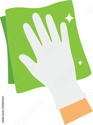 Hand wearing white glove cleaning with green cloth flat minimal style household cleaning vector illustration