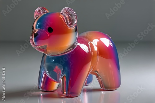 Colorful Transparent Bear Sculpture Sits on a Smooth Surface With Playful Ref...