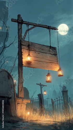 Lanterns Illuminate a Wooden Sign in a Mysterious Graveyard at Night Under a ...