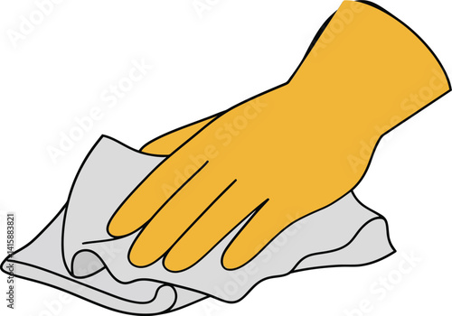 Human hand wearing yellow glove wiping surface with cloth in simple minimal vector illustration