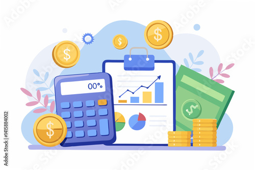 Calculator, financial statements and gold coins neatly arranged on marble surface in soft natural light