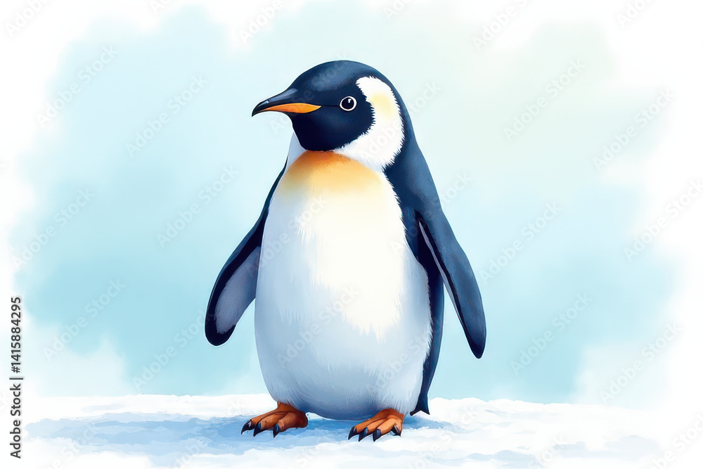 Fototapeta premium Dreamy Penguin Close-Up: Watercolor Snowflakes, Pastel Colors, Soft Textures, High-Detail Midjourney Art