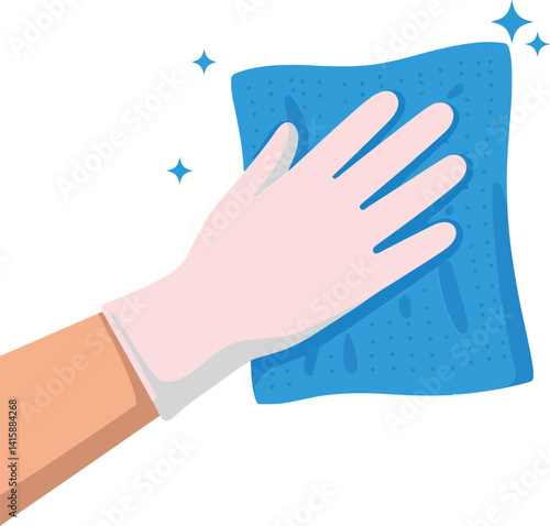 Hand wearing white glove wiping surface with blue cloth in flat minimal cleaning vector art